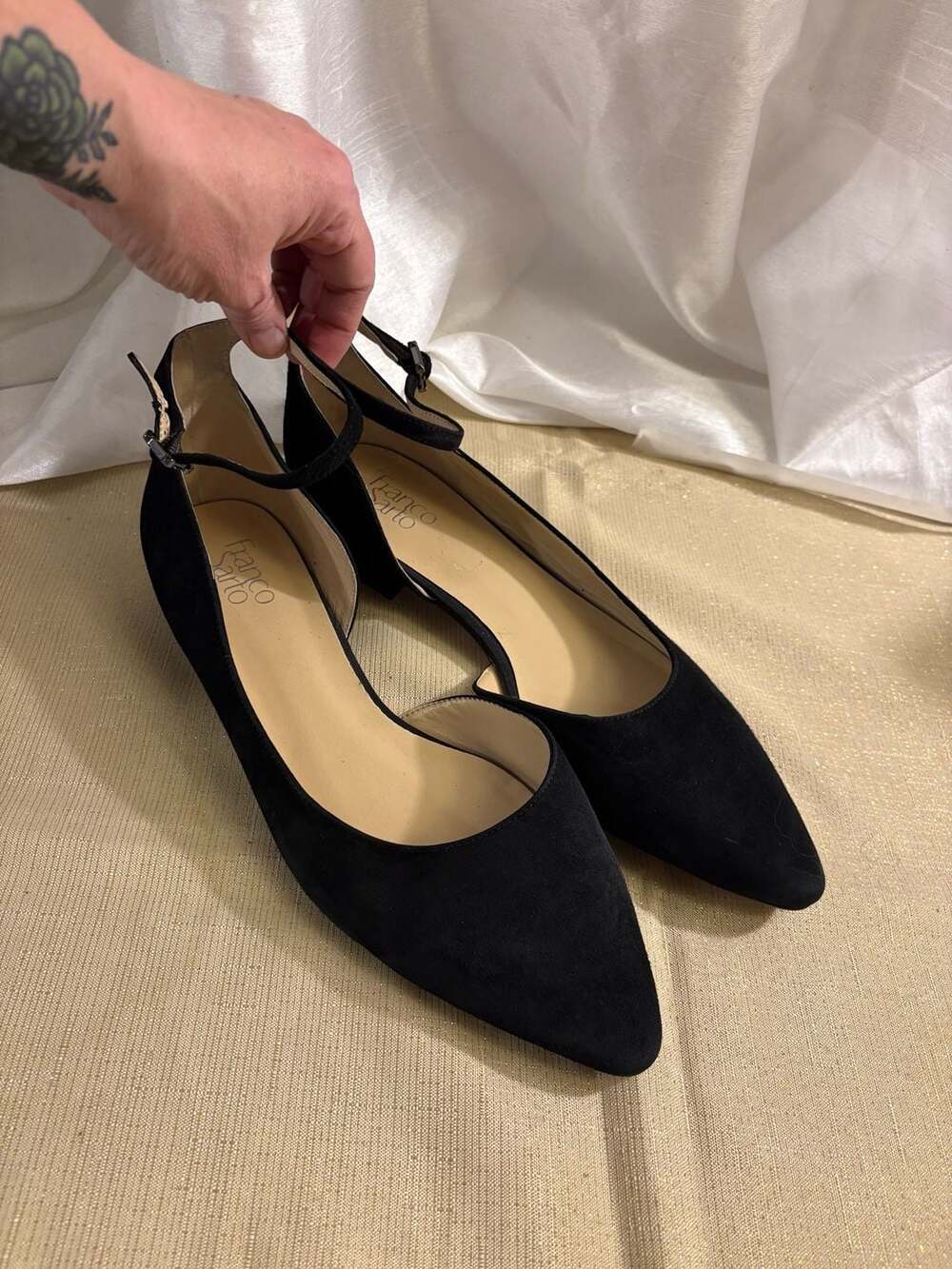 Franco Sarto Black Suede Ankle Strap Flats
